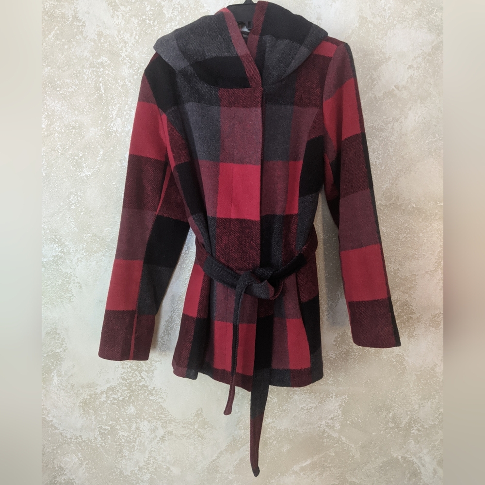 Xhilaration Plaid Wool Hooded Jacket Belted/ Button Up Women's Sz Large